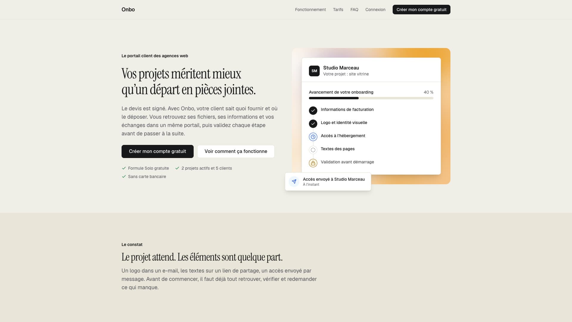 Page d'accueil d'Onbo, avec le titre « Vos projets méritent mieux qu'un départ en pièces jointes » et un aperçu du portail client.