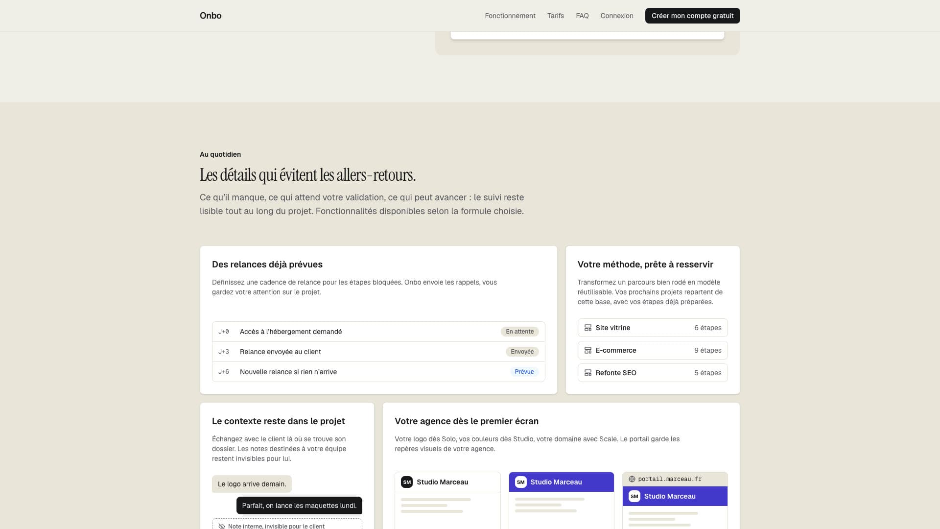 Section « Au quotidien » : relances programmées, modèles réutilisables, notes internes.