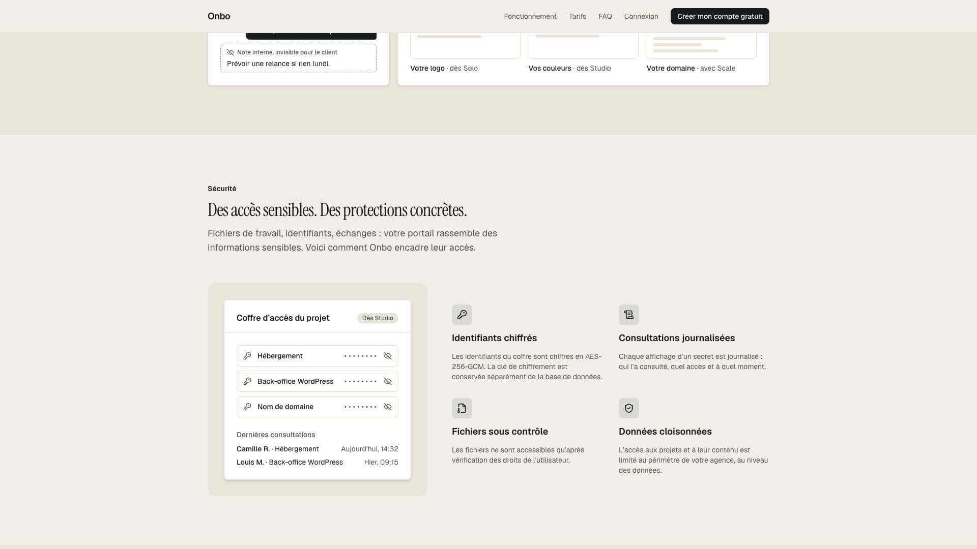 Section « Sécurité » : coffre d'accès chiffré et journal des consultations.