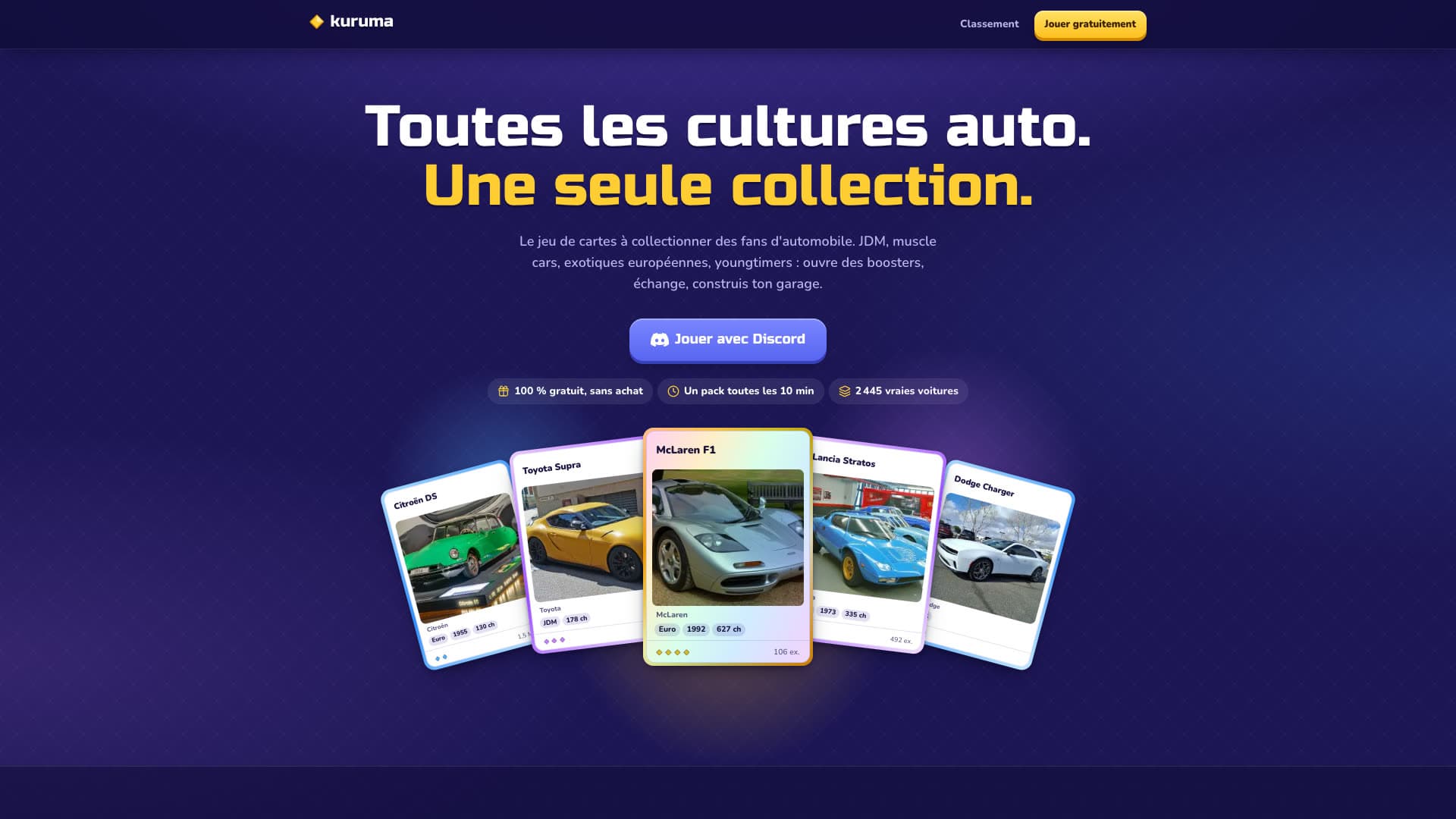 Page d'accueil de Kuruma, avec le titre « Toutes les cultures auto. Une seule collection. » et un éventail de cartes de voitures.