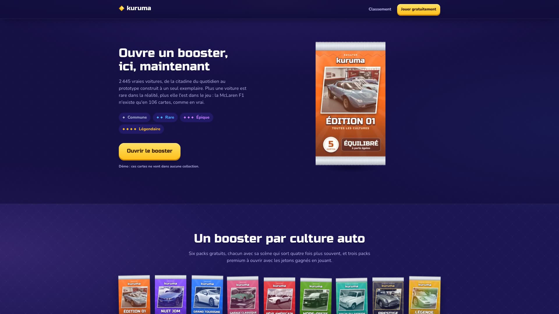 Démonstration d'ouverture d'un booster et catalogue des packs, un par culture automobile.