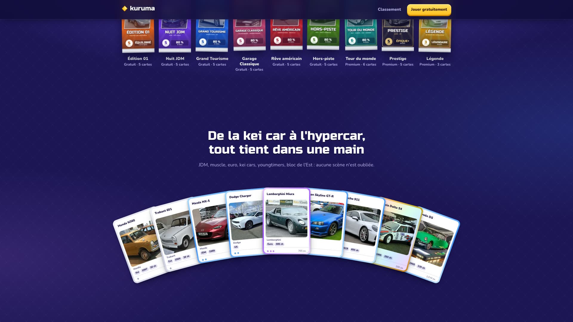 Éventail de cartes, de la kei car à l'hypercar, avec le catalogue des boosters au-dessus.